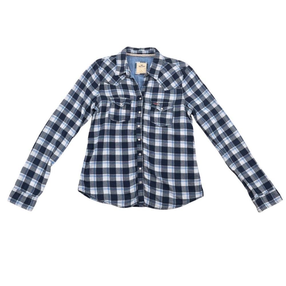 Hollister Plaid Western Shirt Women Large Blue White Snap Button Long Sleeve Y2K